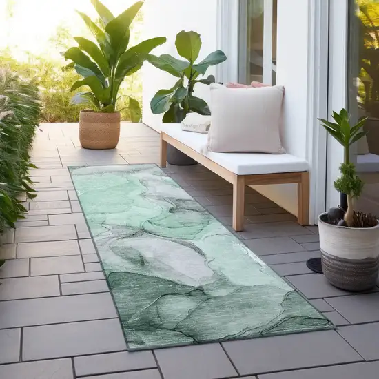 Green Abstract Washable Non Skid Indoor Outdoor Runner Rug Photo 8