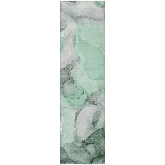 Green Abstract Washable Non Skid Indoor Outdoor Runner Rug Photo 4