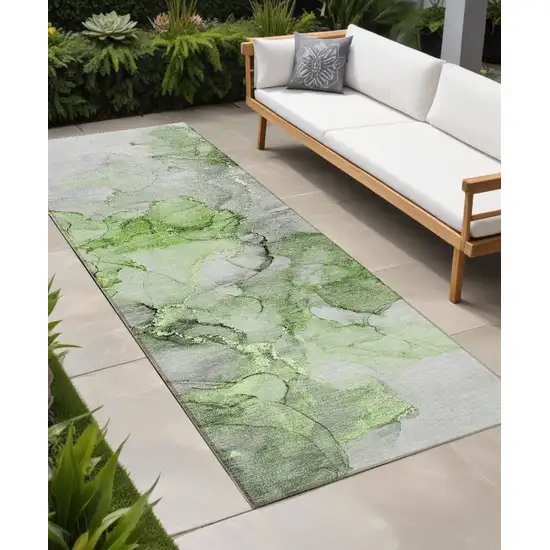 8' Runner Green Abstract Washable Non Skid Indoor Outdoor Runner Rug Photo 1