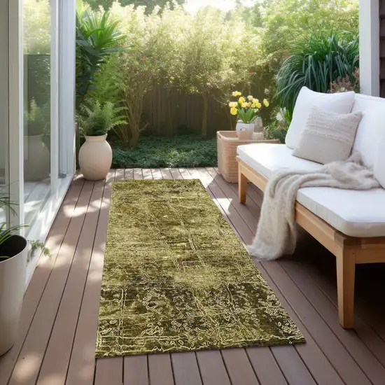 Green Abstract Washable Non Skid Indoor Outdoor Runner Rug Photo 8