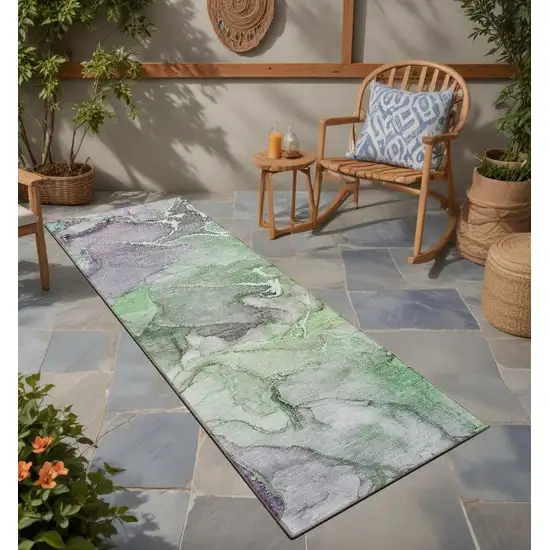 8' Runner Green Abstract Washable Non Skid Indoor Outdoor Runner Rug Photo 1