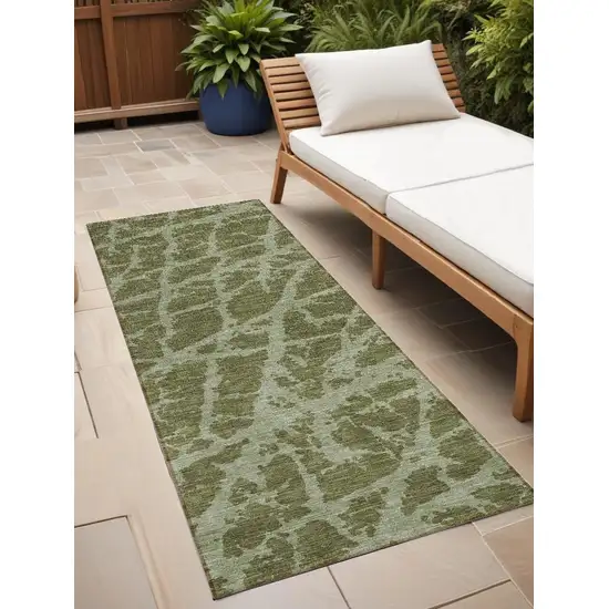 Green Abstract Washable Non Skid Indoor Outdoor Runner Rug Photo 1