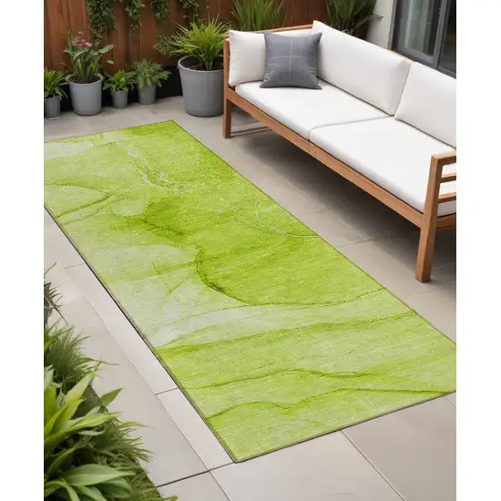 Green Abstract Washable Non Skid Indoor Outdoor Runner Rug Photo 1