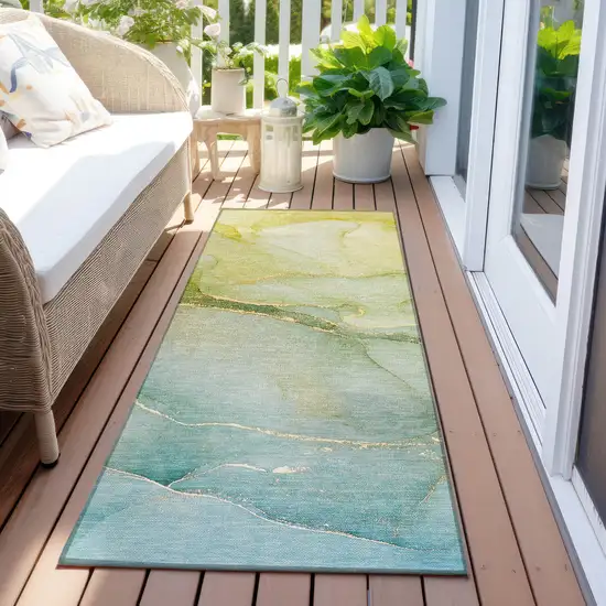 Green Abstract Washable Non Skid Indoor Outdoor Runner Rug Photo 8