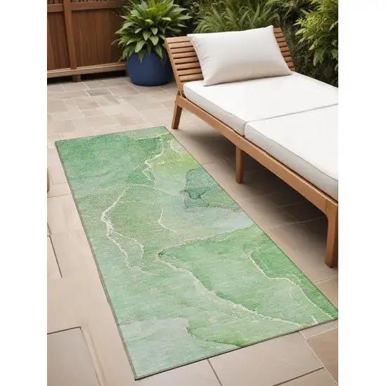 8' Runner Green Abstract Washable Non Skid Indoor Outdoor Runner Rug Photo 1