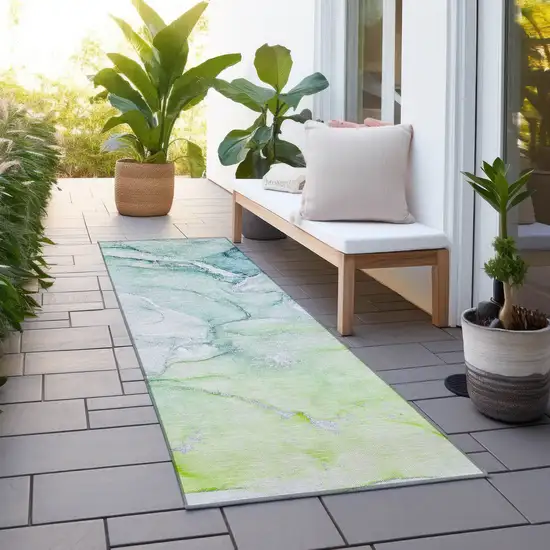 Green Abstract Washable Non Skid Indoor Outdoor Runner Rug Photo 8