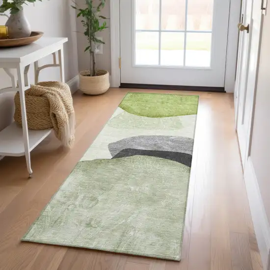 8' Runner Green Black and Gray Abstract Washable Non Skid Indoor Outdoor Runner Rug Photo 9