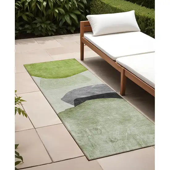 Green Black and Gray Abstract Washable Non Skid Indoor Outdoor Runner Rug Photo 1