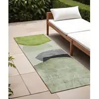 Photo of 8' Runner Green Black and Gray Abstract Washable Non Skid Indoor Outdoor Runner Rug