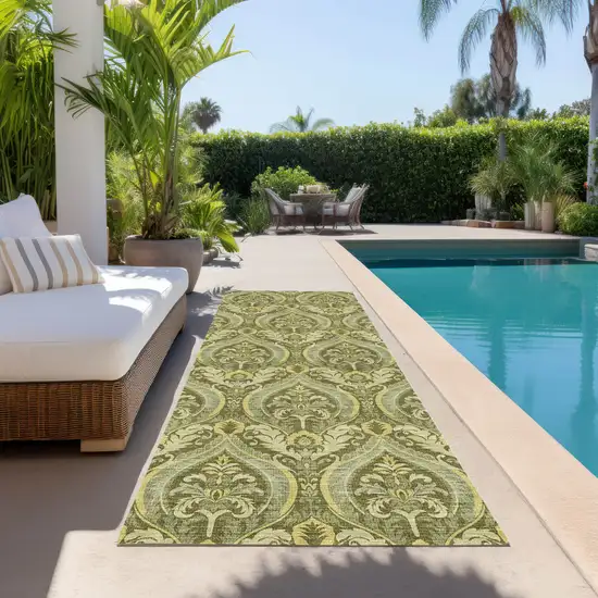 Green Damask Washable Non Skid Indoor Outdoor Runner Rug Photo 9