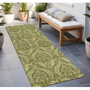 Photo of 8' Runner Green Damask Washable Non Skid Indoor Outdoor Runner Rug