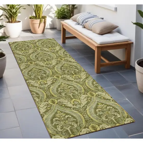 8' Runner Green Damask Washable Non Skid Indoor Outdoor Runner Rug Photo 1