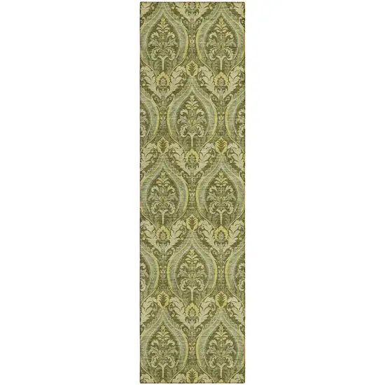 Green Damask Washable Non Skid Indoor Outdoor Runner Rug Photo 2