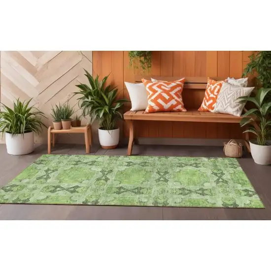 Green Floral Medallion Washable Non Skid Indoor Outdoor Runner Rug Photo 1