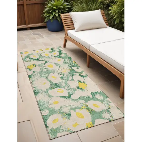 8' Runner Green Floral Washable Non Skid Indoor Outdoor Runner Rug Photo 1