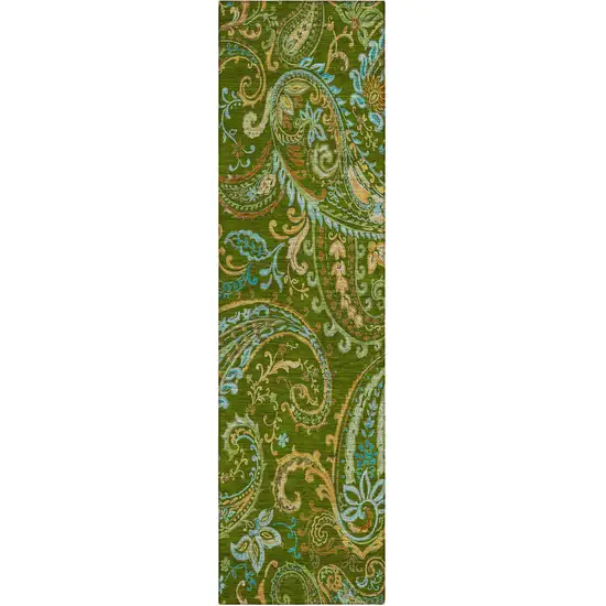 8' Runner Green Paisley Washable Non Skid Indoor Outdoor Runner Rug Photo 2