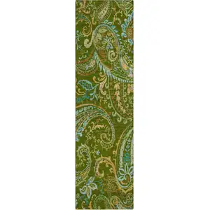 Photo of 8' Runner Green Paisley Washable Non Skid Indoor Outdoor Runner Rug