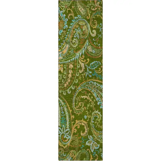 8' Runner Green Paisley Washable Non Skid Indoor Outdoor Runner Rug Photo 5