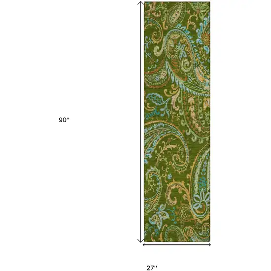 8' Runner Green Paisley Washable Non Skid Indoor Outdoor Runner Rug Photo 3