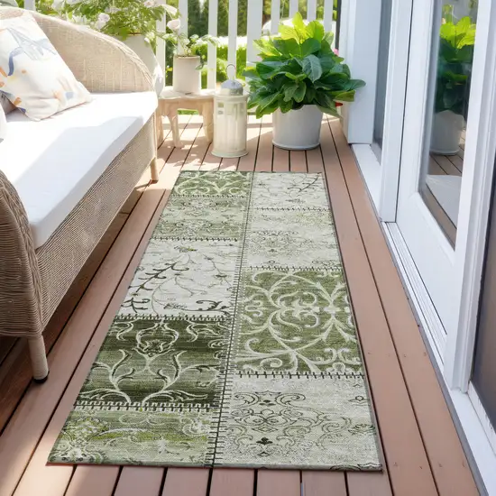 8' Runner Green Patchwork Washable Non Skid Indoor Outdoor Runner Rug Photo 8