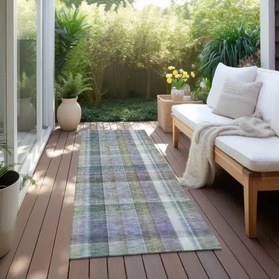 Blue Gray and Green Plaid Washable Non Skid Indoor Outdoor Area Rug Photo 6