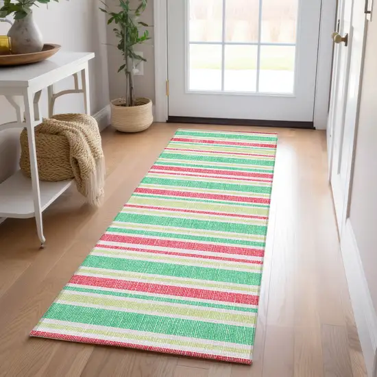 Red Green and White Striped Washable Non Skid Indoor Outdoor Area Rug Photo 7