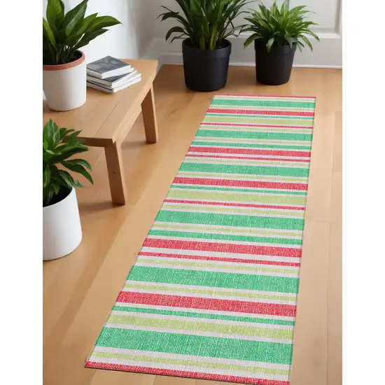 Red Green and White Striped Washable Non Skid Indoor Outdoor Area Rug Photo 1