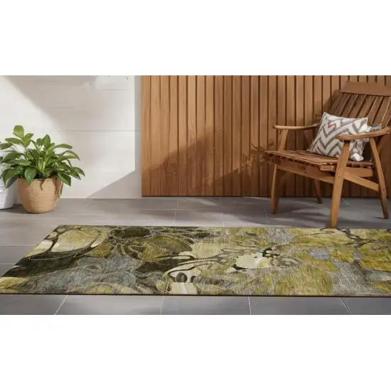 Green and Brown Abstract Washable Indoor Outdoor Runner Rug Photo 1