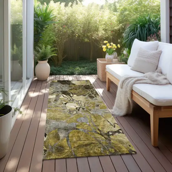 Green and Brown Abstract Washable Indoor Outdoor Runner Rug Photo 6