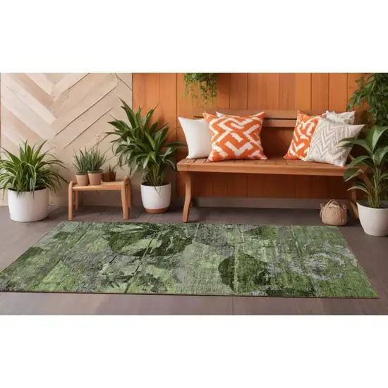 Green and Gray Abstract Washable Indoor Outdoor Runner Rug Photo 1