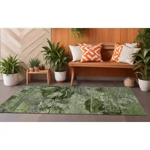 Photo of 8' Runner Green and Gray Floral Washable Non Skid Indoor Outdoor Runner Rug