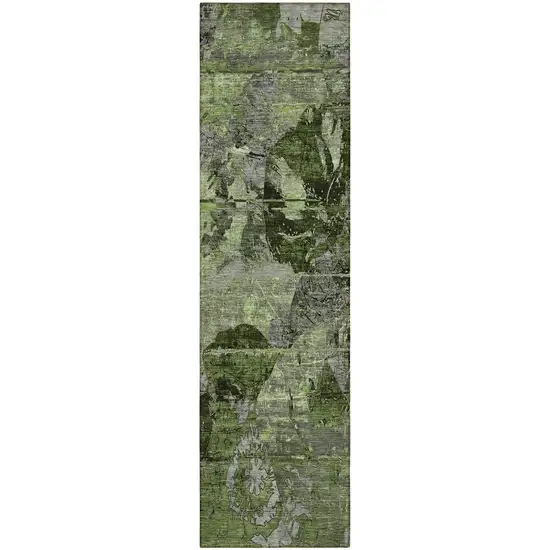 Green and Gray Abstract Washable Indoor Outdoor Runner Rug Photo 2