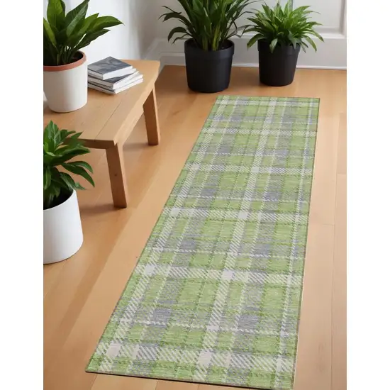 Green and Gray Plaid Washable Non Skid Indoor Outdoor Runner Rug Photo 1