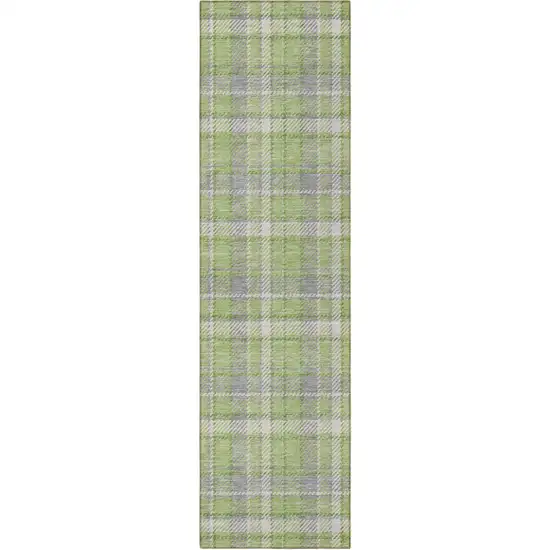 8' Runner Green and Gray Plaid Washable Non Skid Indoor Outdoor Runner Rug Photo 4