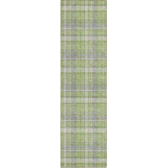 8' Runner Green and Gray Plaid Washable Non Skid Indoor Outdoor Runner Rug Photo 2