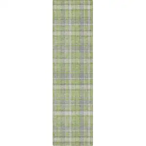 Photo of 8' Runner Green and Gray Plaid Washable Non Skid Indoor Outdoor Runner Rug