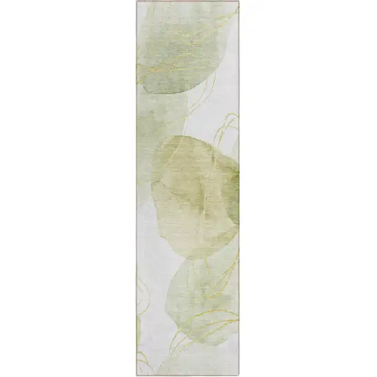 Green and Ivory Abstract Washable Non Skid Indoor Outdoor Runner Rug Photo 2