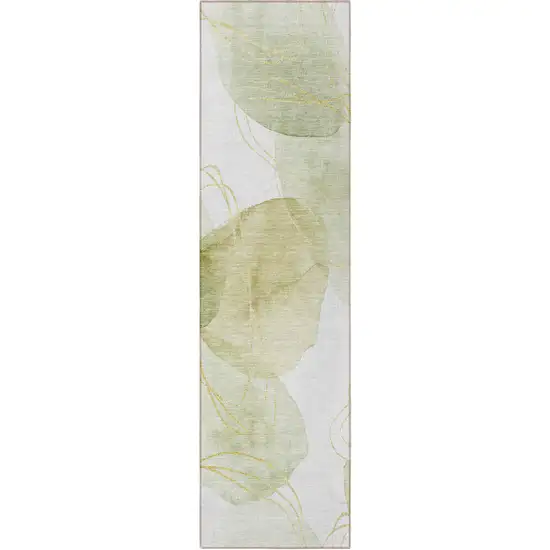 8' Runner Green and Ivory Abstract Washable Non Skid Indoor Outdoor Runner Rug Photo 2