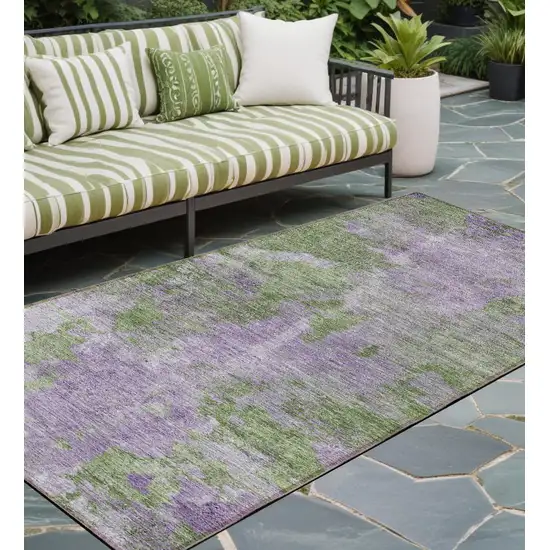 8' Runner Green and Purple Abstract Washable Non Skid Indoor Outdoor Runner Rug Photo 1