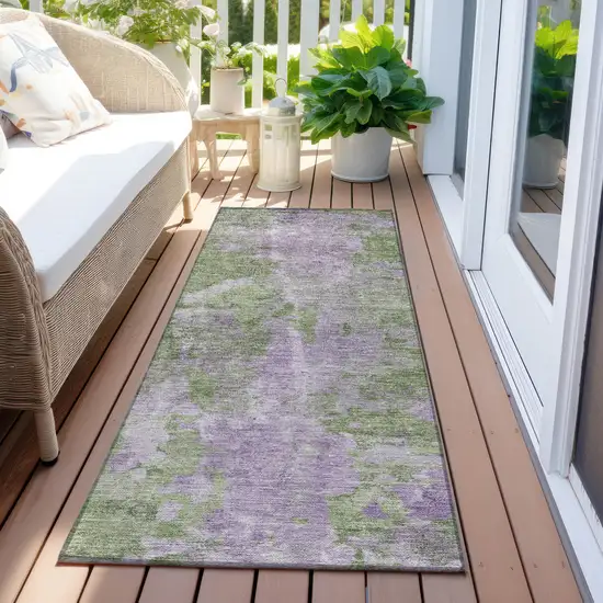 8' Runner Green and Purple Abstract Washable Non Skid Indoor Outdoor Runner Rug Photo 8