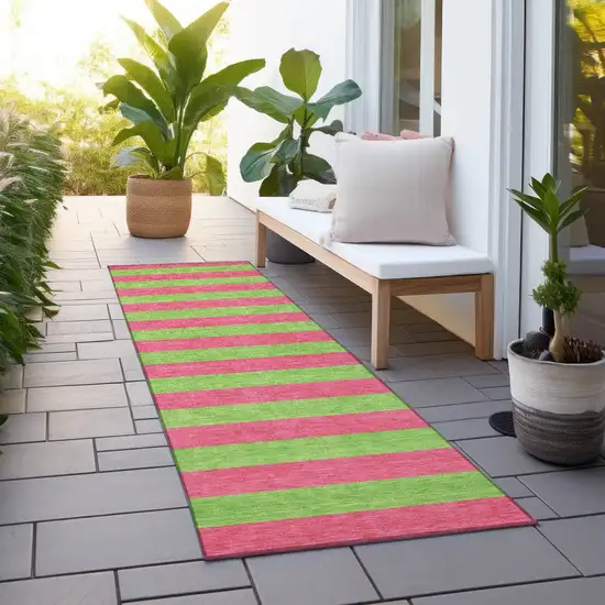 8' Runner Green and Red Striped Washable Non Skid Indoor Outdoor Runner Rug Photo 6