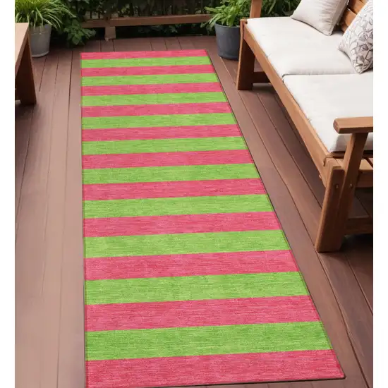 Green and Red Striped Washable Indoor Outdoor Runner Rug Photo 1