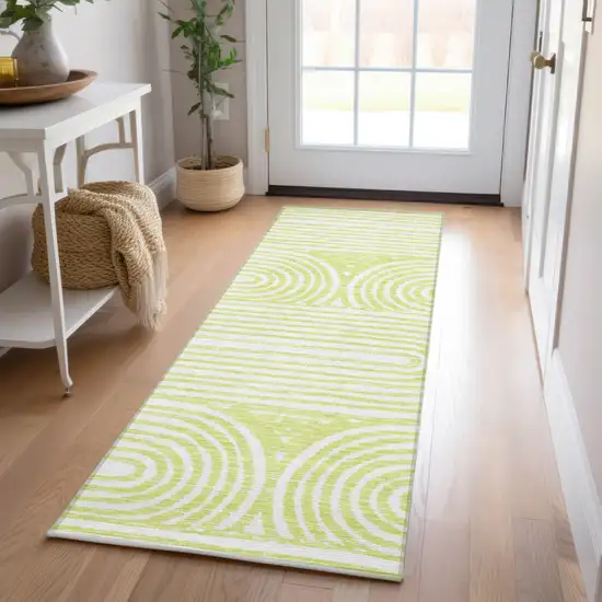 Green and White Abstract Washable Non Skid Indoor Outdoor Runner Rug Photo 9