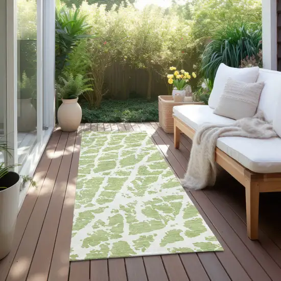 Green and White Abstract Washable Non Skid Indoor Outdoor Runner Rug Photo 8