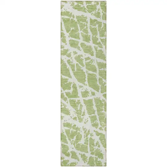 Green and White Abstract Washable Non Skid Indoor Outdoor Runner Rug Photo 5