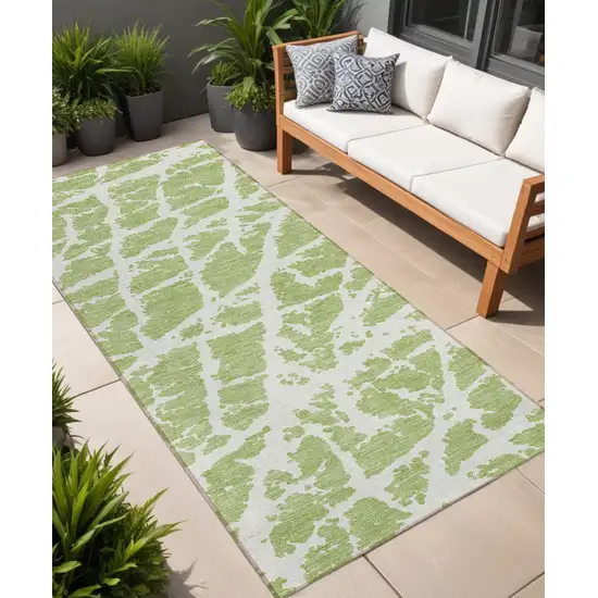 8' Runner Green and White Abstract Washable Non Skid Indoor Outdoor Runner Rug Photo 1