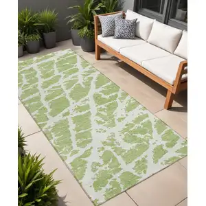 Photo of 8' Runner Green and White Abstract Washable Non Skid Indoor Outdoor Runner Rug