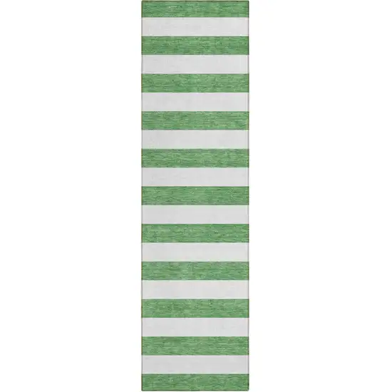 Green and White Striped Washable Indoor Outdoor Runner Rug Photo 2