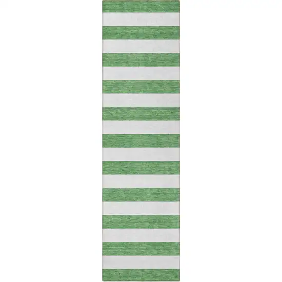 Green and White Striped Washable Indoor Outdoor Runner Rug Photo 2