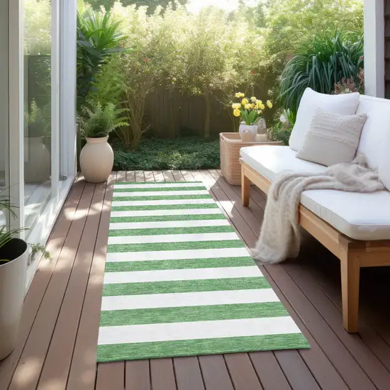 Green and White Striped Washable Indoor Outdoor Runner Rug Photo 8